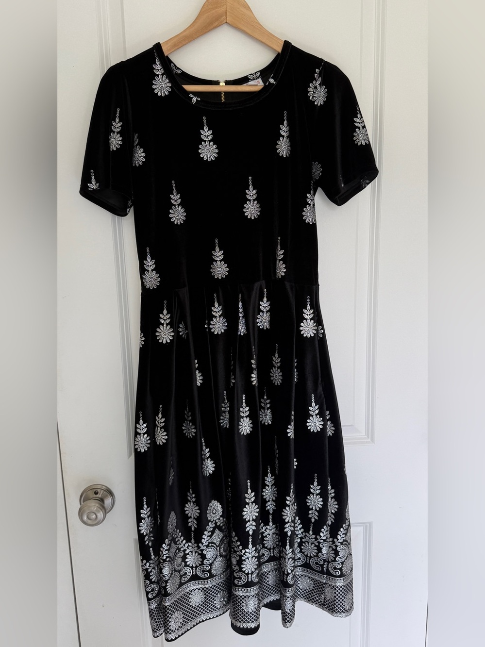 LuLaRoe Black Velvet Amelia Dress with Silver Floral Motif